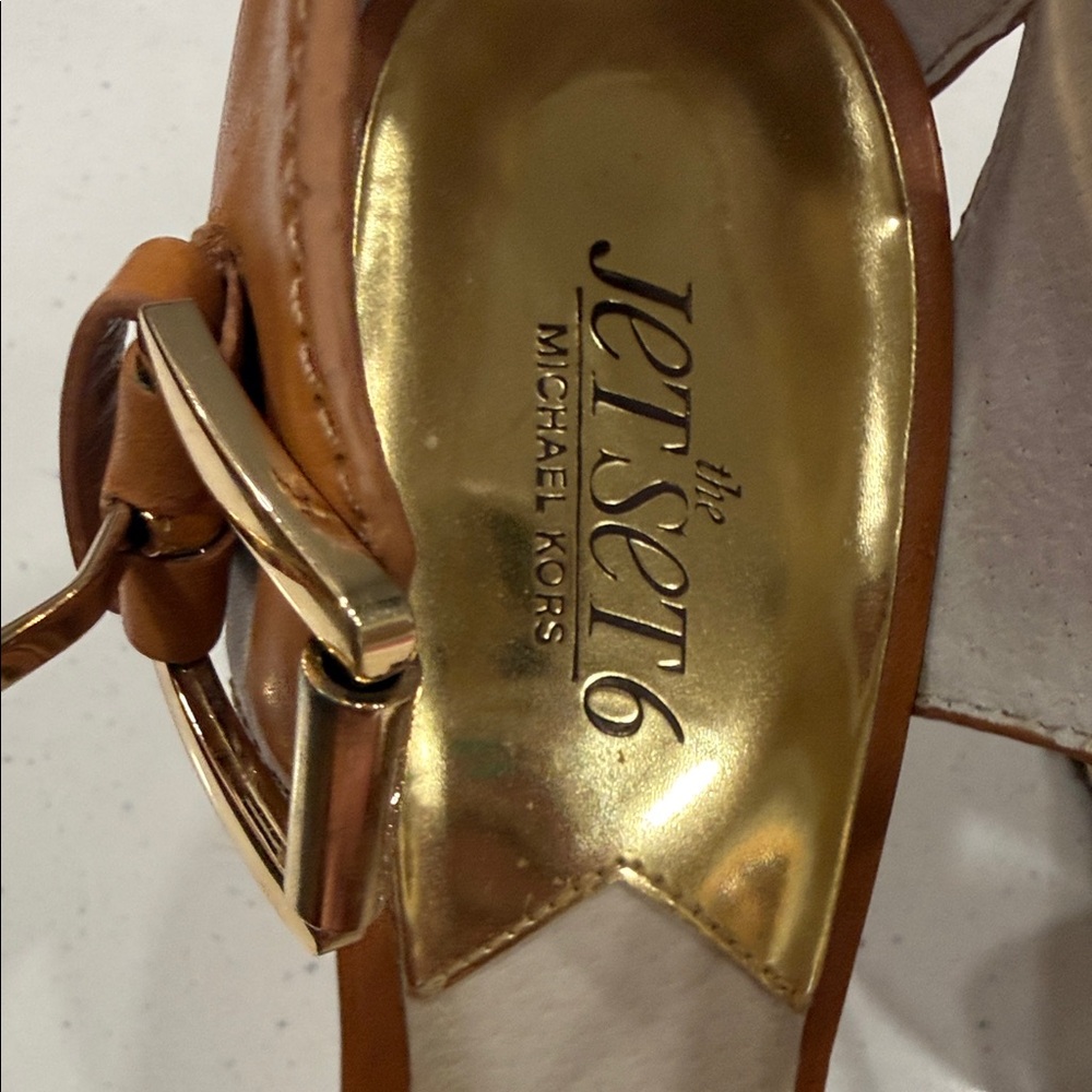 Michael Kors Jetset6 Tan Leather Wedge Sandals with Braided Front - Picture 5 of 8